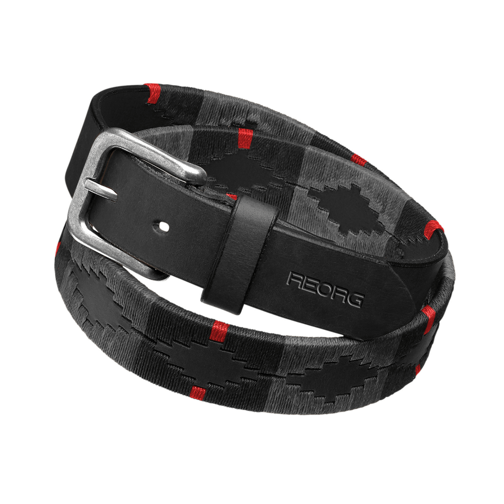 The Country Direct & Pampeano Fire Service - REORG Leather Belt, with silver buckle and red, grey, and black detailing.