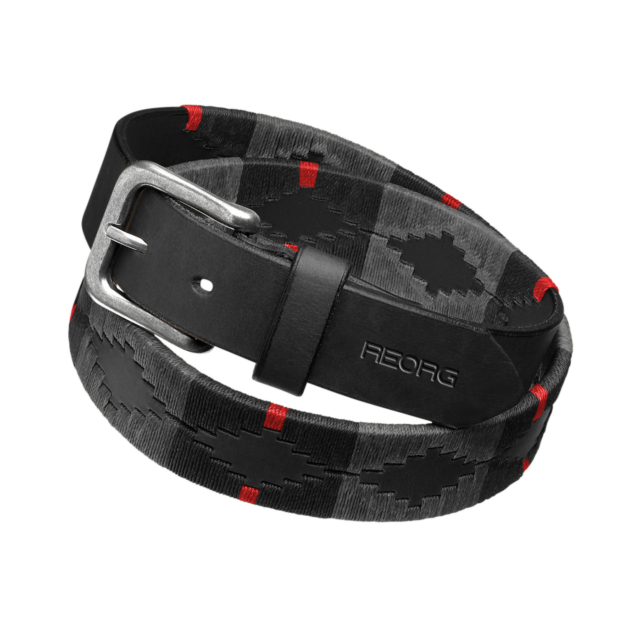 The Country Direct & Pampeano Fire Service - REORG Leather Belt, with silver buckle and red, grey, and black detailing.