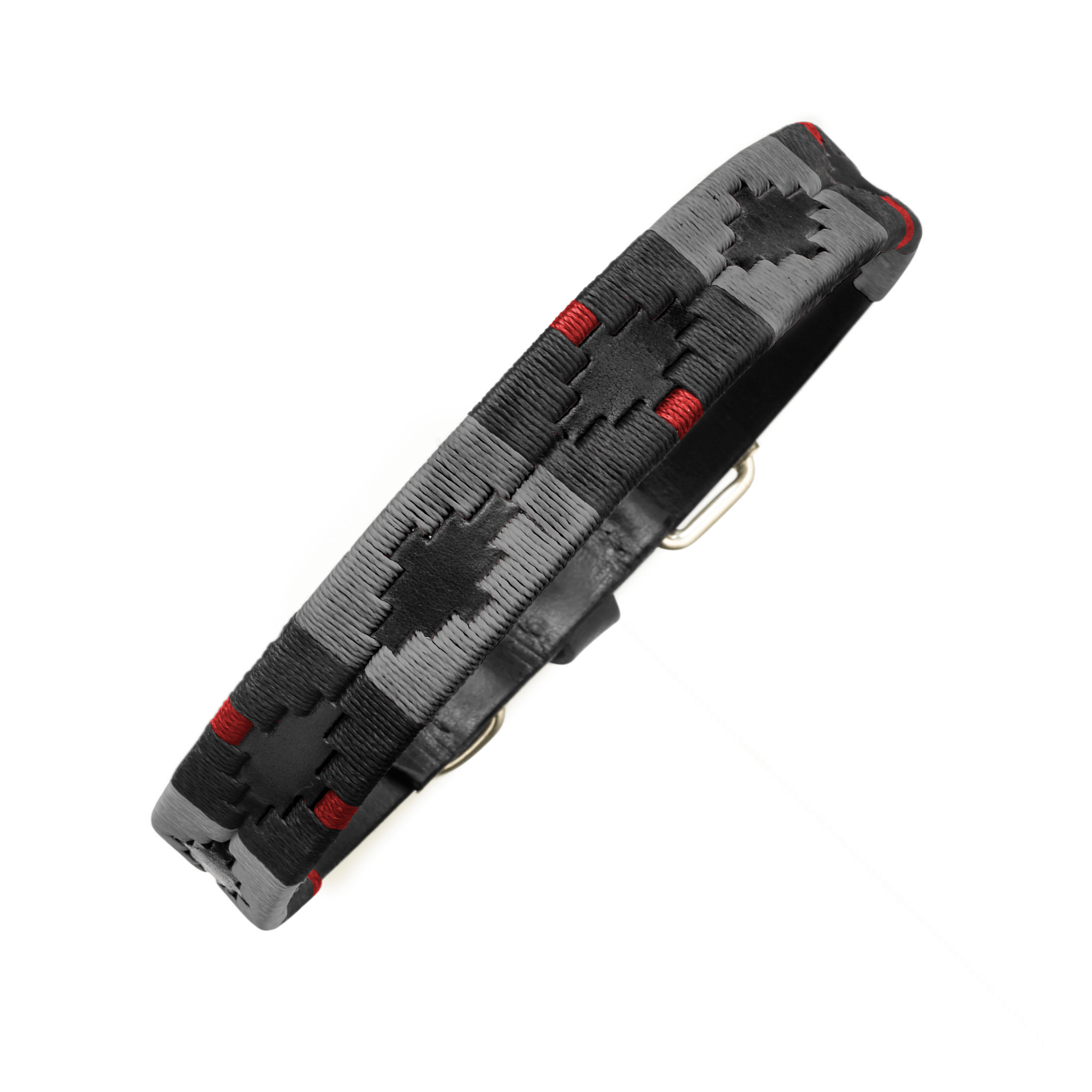 The Country Direct & Pampeano Fire Service - REORG Leather Dog Collar, with black, grey, and red detailing.