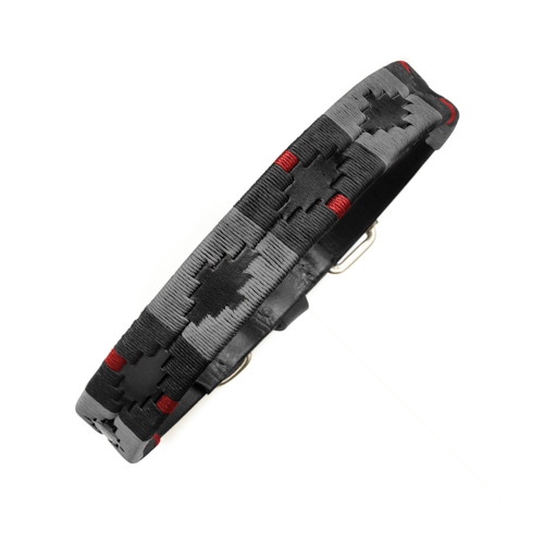 The Country Direct & Pampeano Fire Service - REORG Leather Dog Collar, with black, grey, and red detailing.
