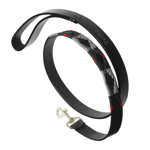 Close-up of the Country Direct & Pampeano Fire Service - REORG Leather Dog Lead, featuring black, grey, and red detailing.