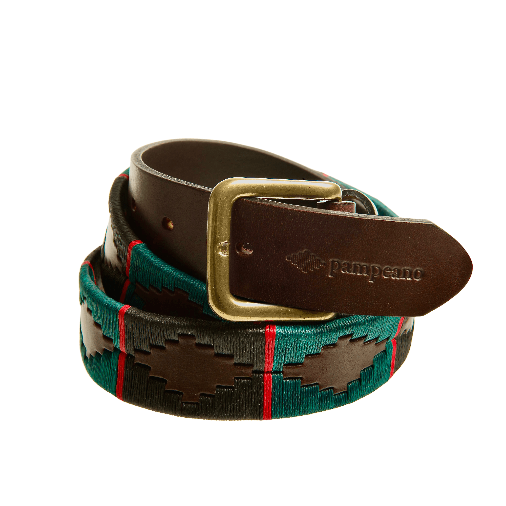 The exclusive Country Direct & Pampeano Royal Gurkha Rifles Leather Polo Belt, featuring red, green, and black wax thread detailing.