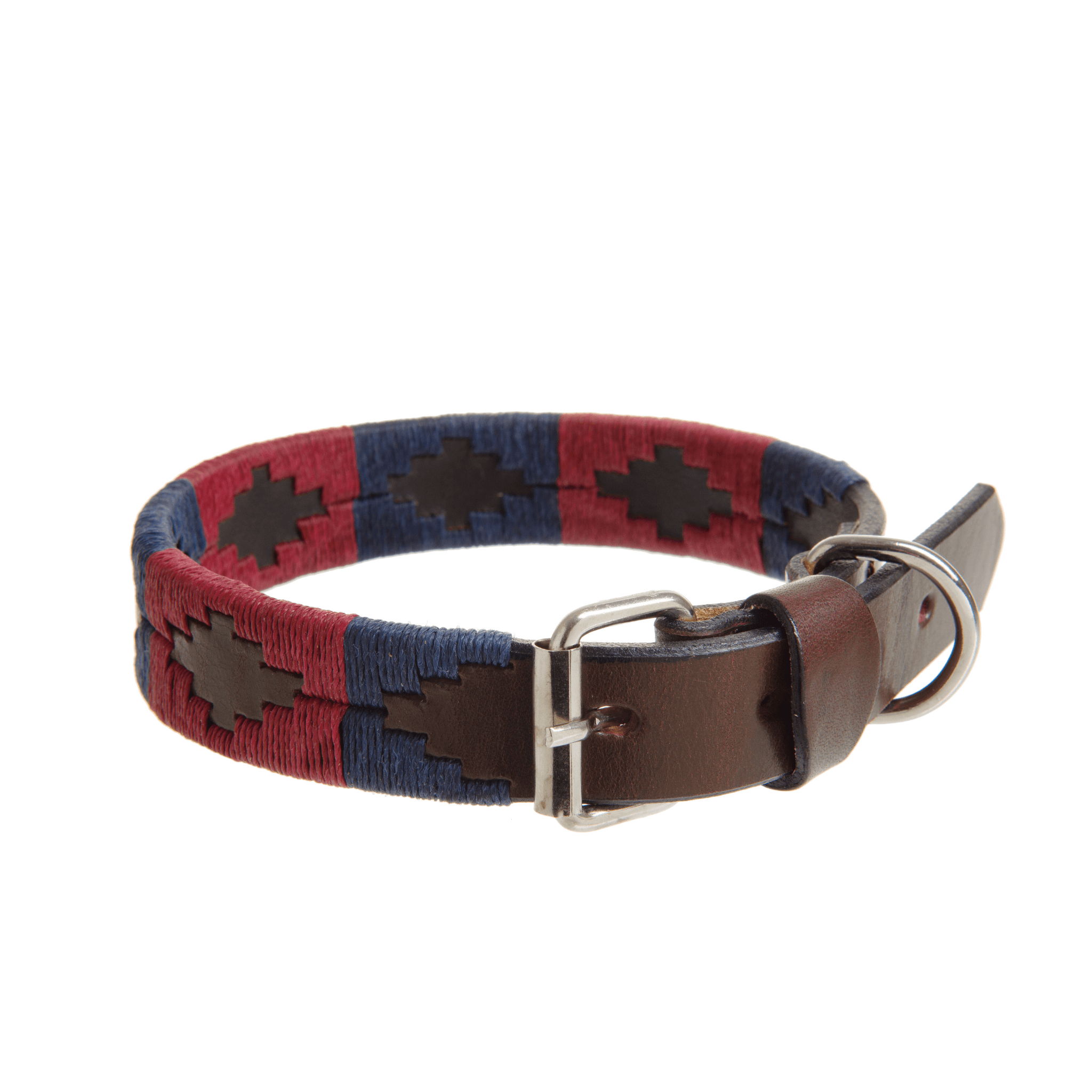 Close-up of the Country Direct & Pampeano Household Division Leather Dog Collar, featuring brown leather, with red and navy thread detailing.