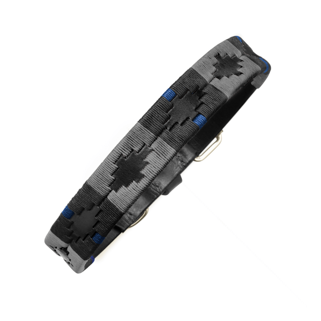 The Country Direct & Pampeano Police - REORG Leather Dog Collar, highlighting the black leather and black, grey, and blue thread detailing.