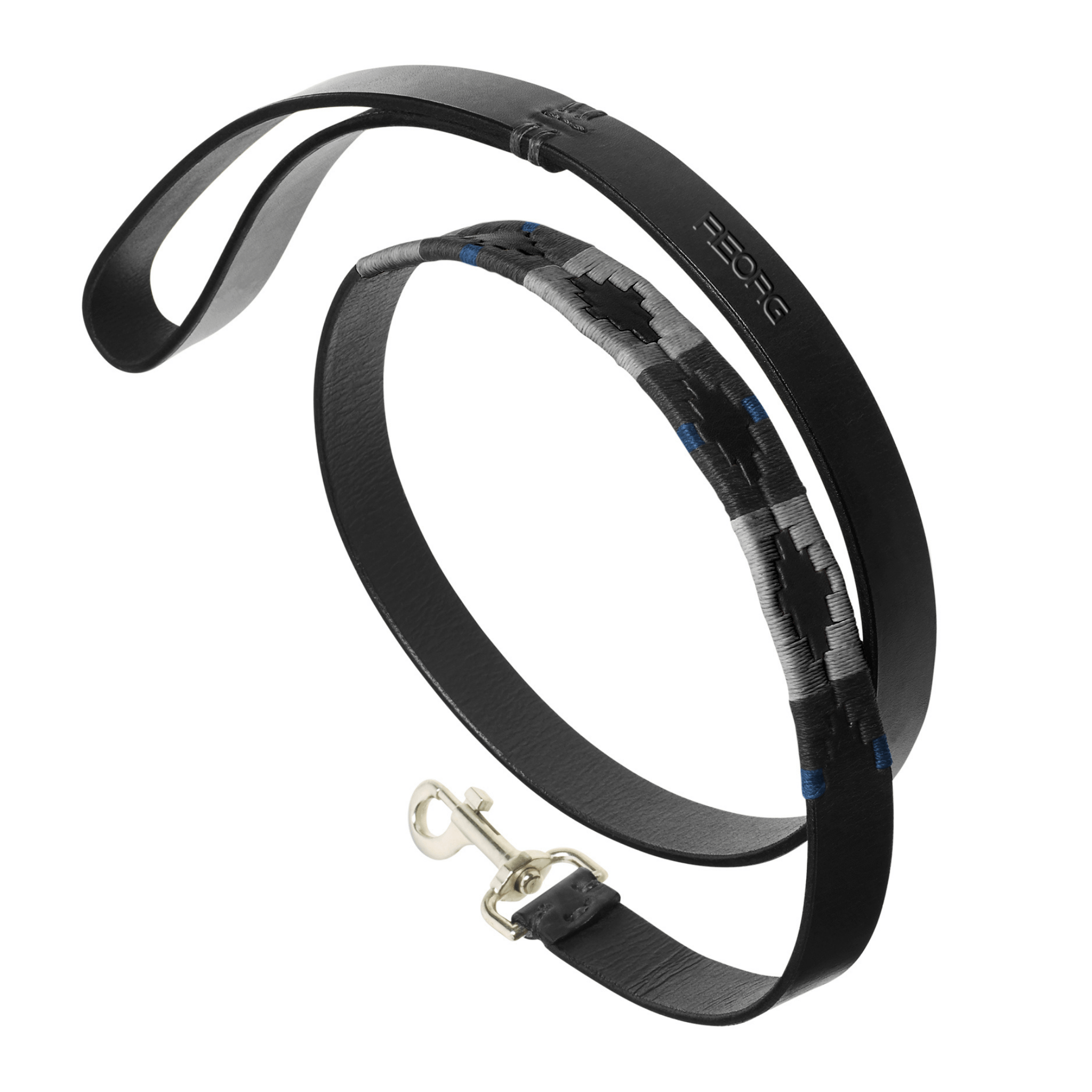The Country Direct & Pampeano Police - REORG Leather Dog Lead, made with black leather and black, grey, and blue thread detailing.