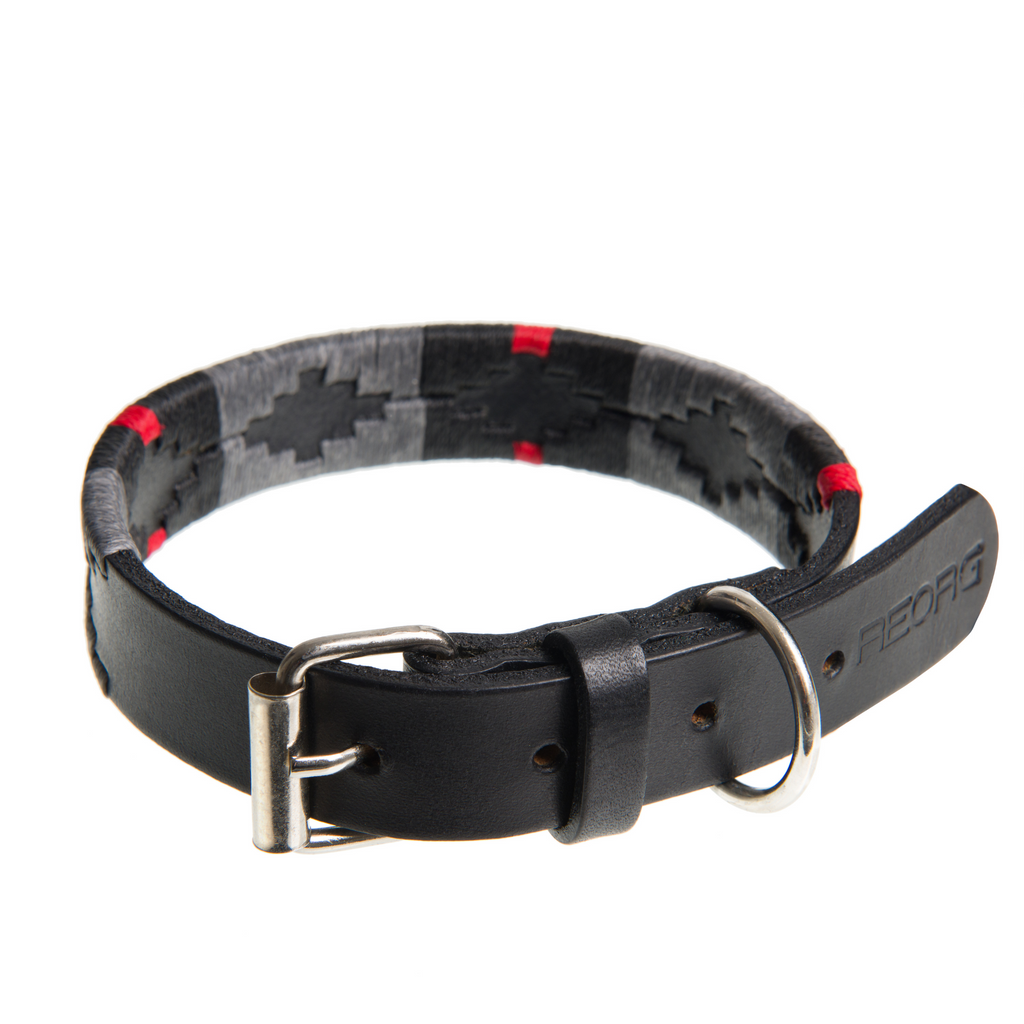 Close-up of the Country Direct & Pampeano Fire Service - REORG Leather Dog Collar, featuring black, grey, and red detailing.