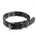 Close-up of the Country Direct & Pampeano Fire Service - REORG Leather Dog Collar, featuring black, grey, and red detailing.