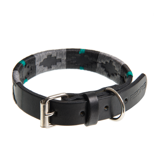 Close-up of the Country Direct & Pampeano Commando Forces - REORG Leather Dog Collar, featuring black, grey, and green detailing.