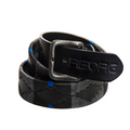 The exclusive Country Direct & Pampeano Police - REORG Leather Polo Belt, made with black leather and featuring grey, black, and blue wax thread detailing. 