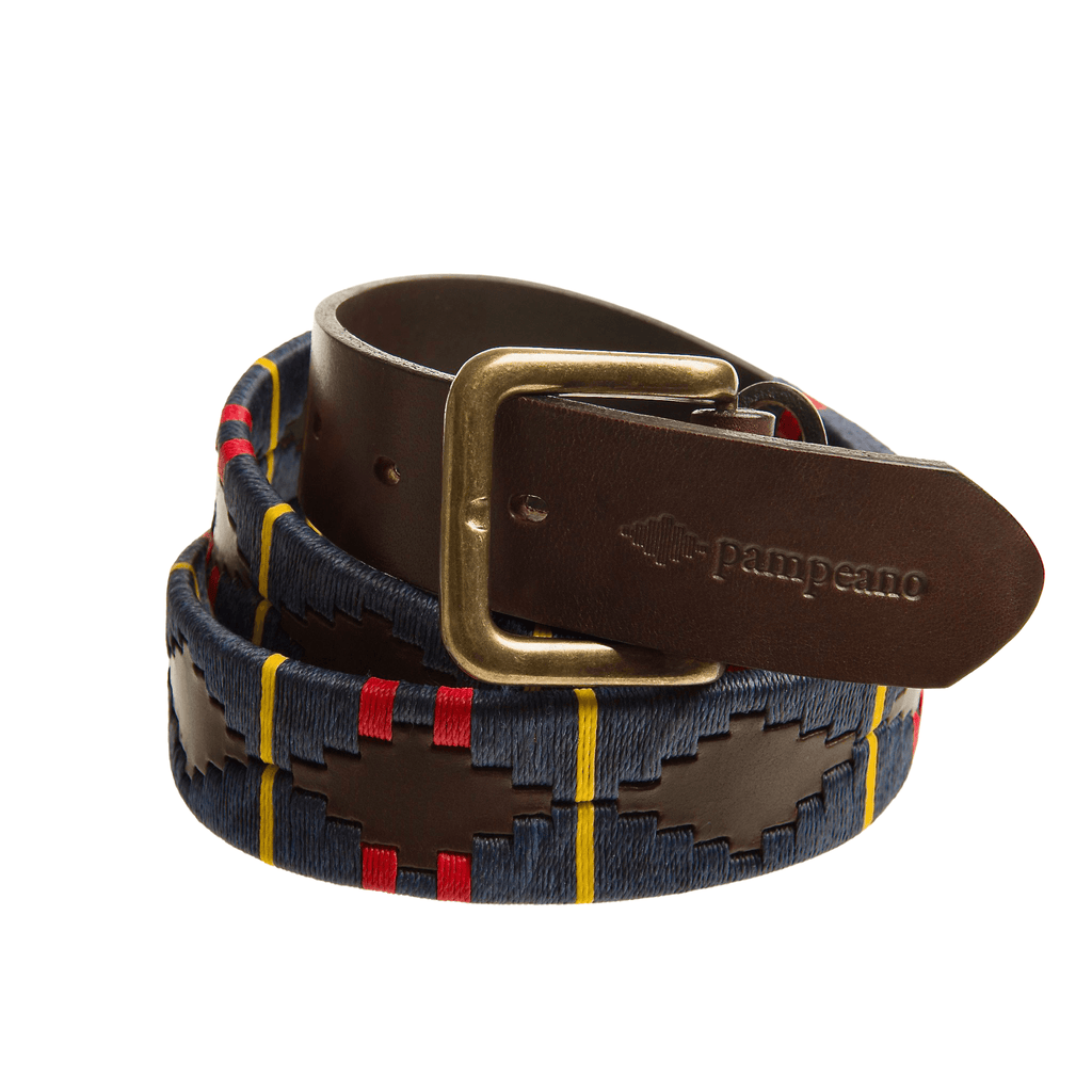 The exclusive Country Direct & Pampeano Royal Logistic Corps Leather Polo Belt, featuring navy-blue, yellow and red wax thread detailing.