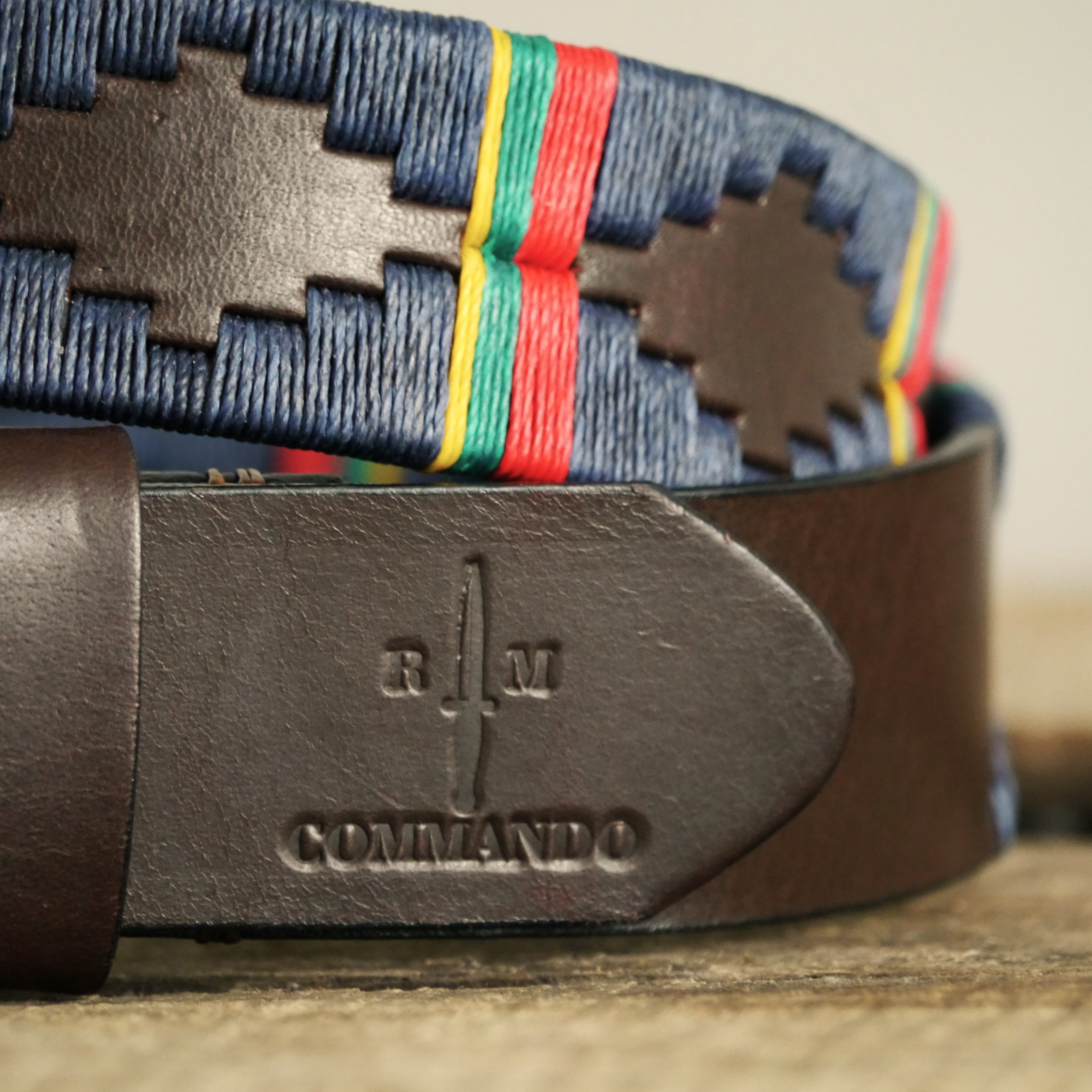 Close-up of the Royal Marine Commando leather polo belt leather and stitching detail