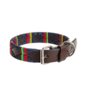 The exclusive Country Direct & Pampeano Royal Marines Leather Dog Collar, featuring navy-blue, yellow, red, and green wax thread detailing. 