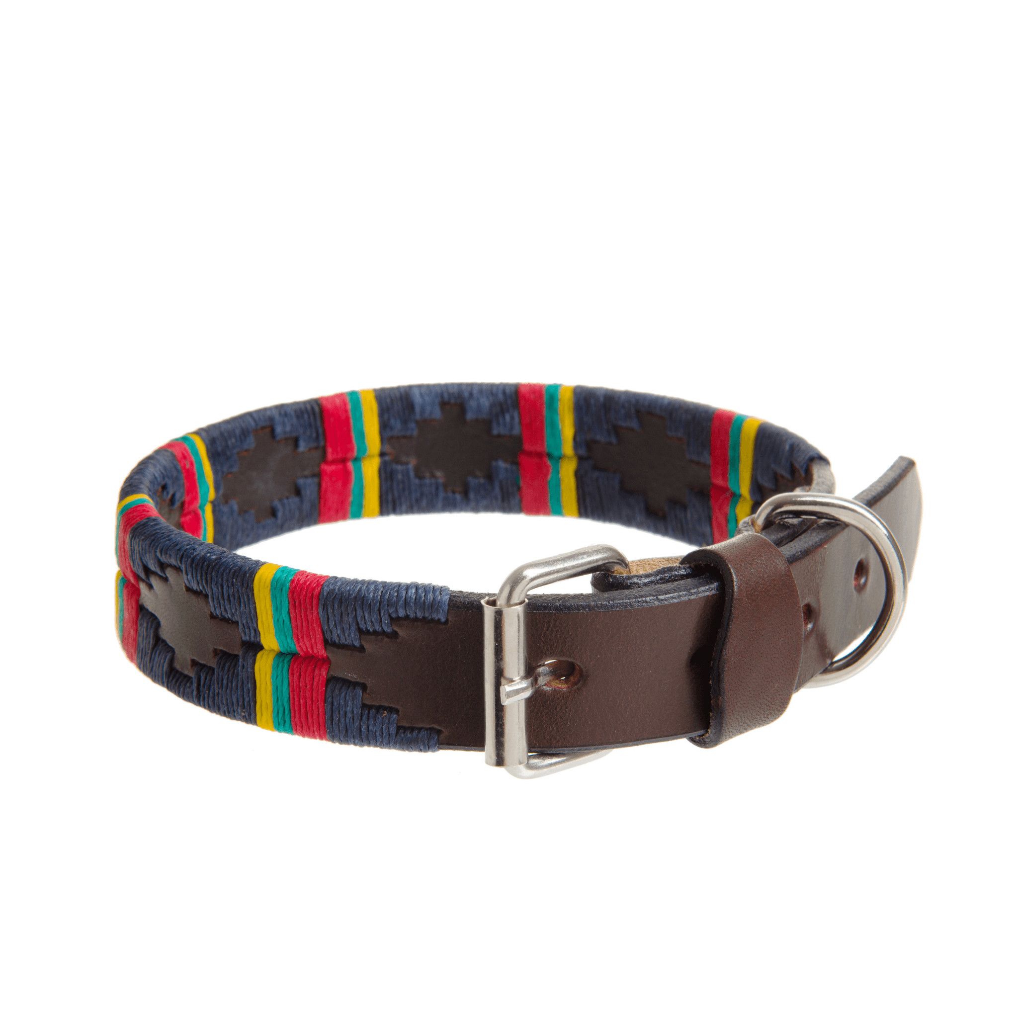 The exclusive Country Direct & Pampeano Royal Marines Leather Dog Collar, featuring navy-blue, yellow, red, and green wax thread detailing. 